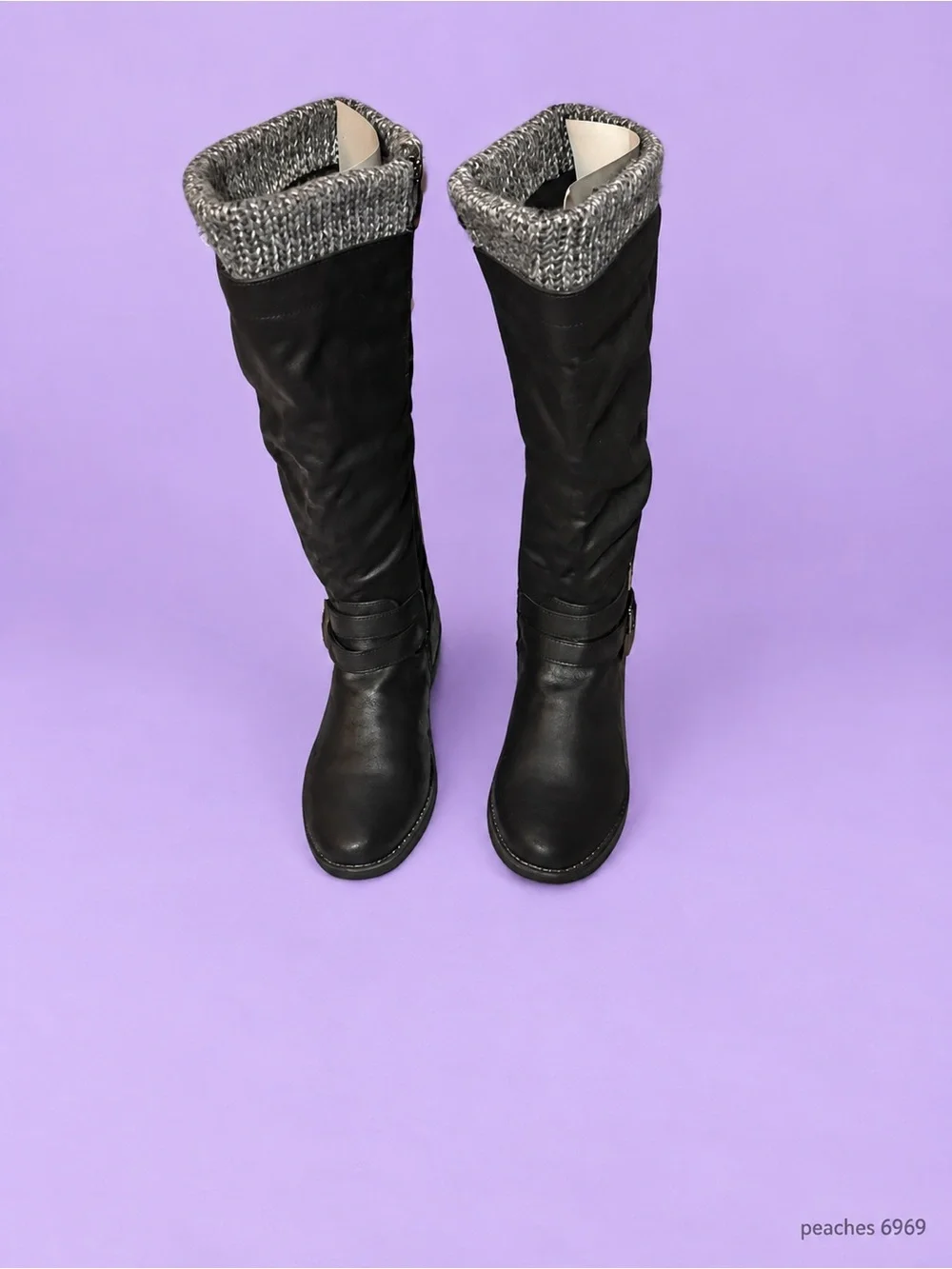 Gorgeous Wide calf Black Knee-high Boots with Gray Knit Cuff